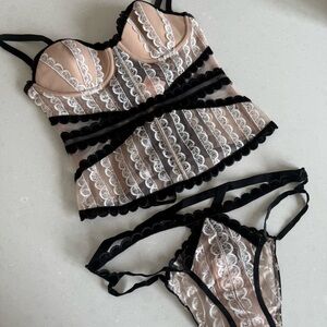 Victoria's Secret Designer Scalloped Lace Velvet 34D Bustier L Cheeky Panty Set